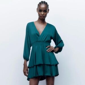 Zara Teal V-Neck Tiered Mini Dress